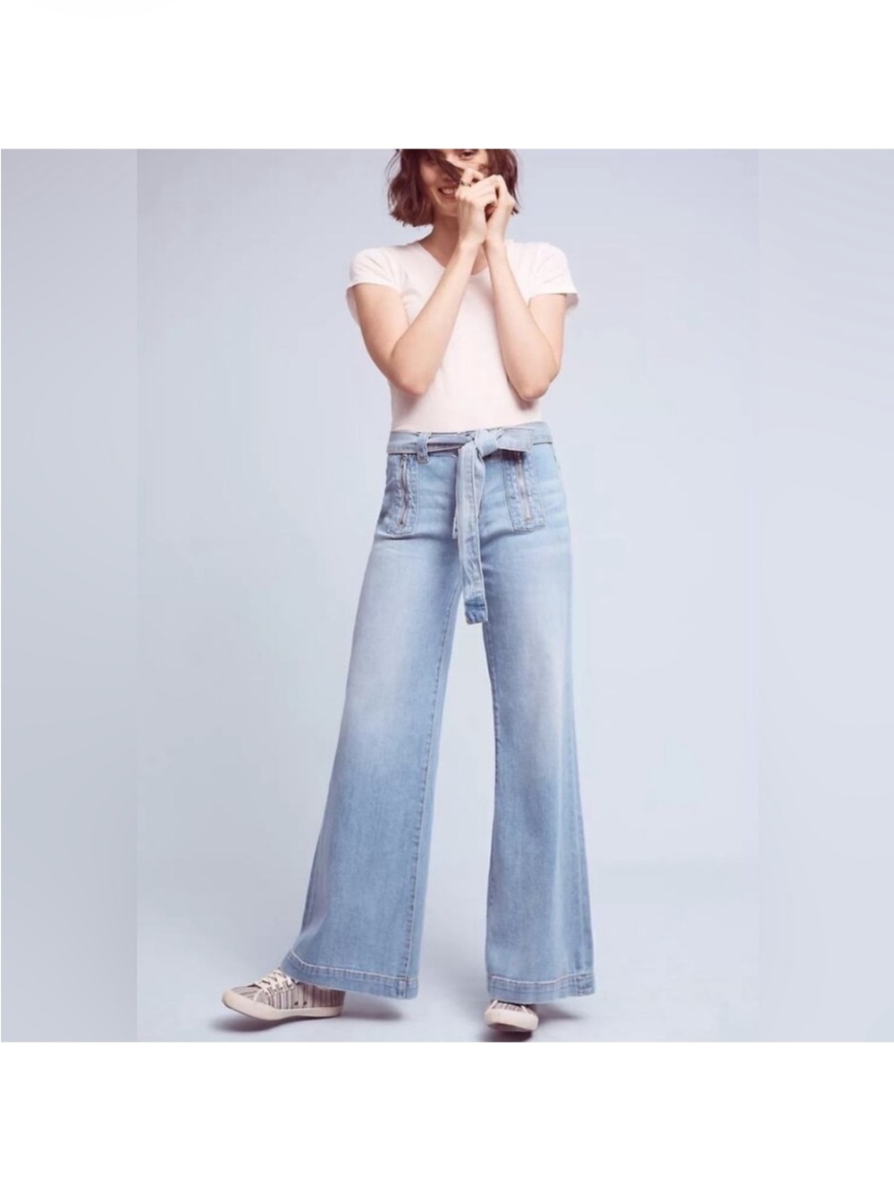 Anthropologie Pilcro Wide Leg High Rise Belted Jeans Light Wash Zipper Size 28
